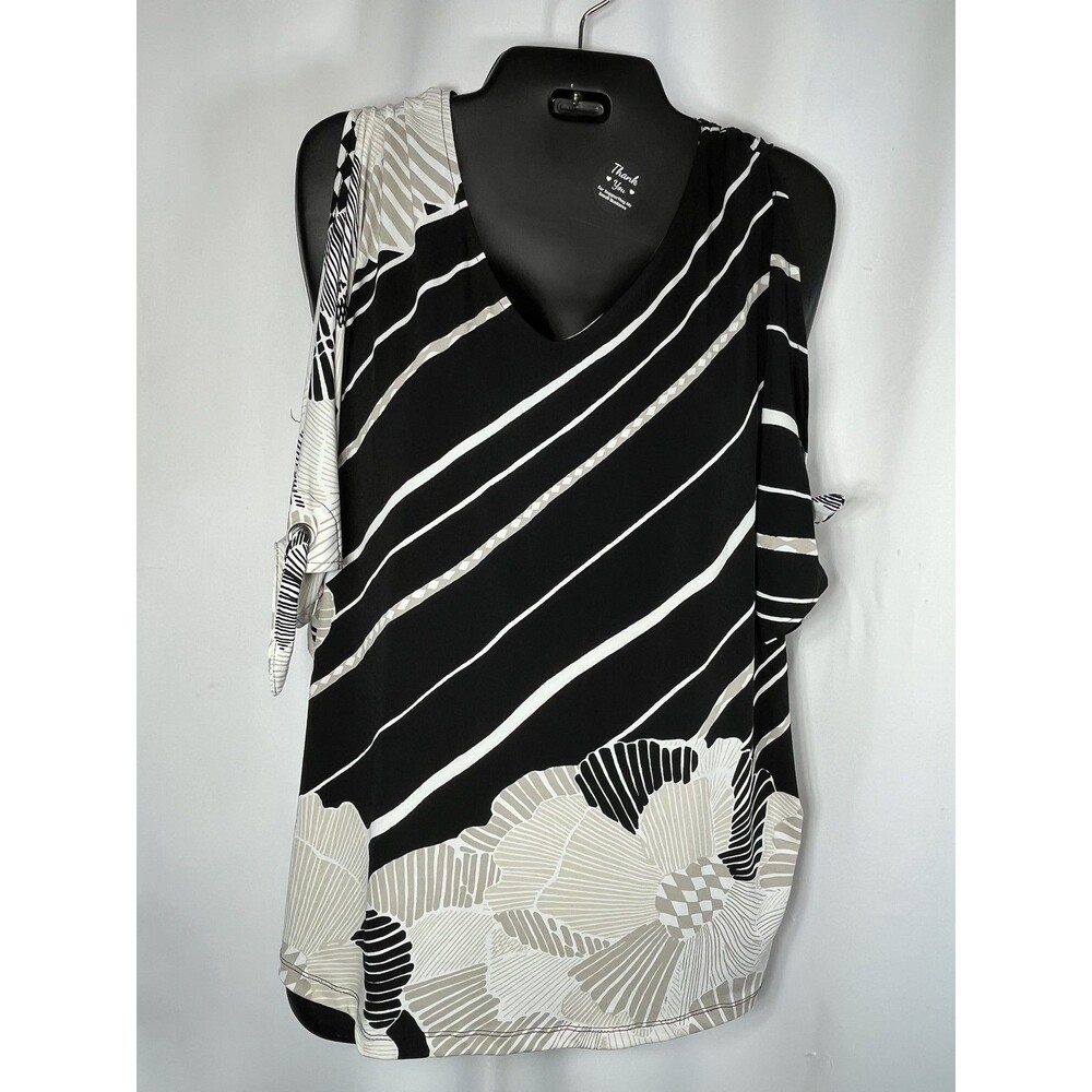 Chico's Blouse Womens 3 XL Black Stripe Floral V Neck Slit Sleeve Tunic Top